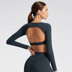 NCLAGEN Sport-Oberteile Gym Damen Fitness T-Shirt Langarm Offener Rücken Pilates Yoga Gepolstertes Crop Top Laufen Workout Fitness Bluse