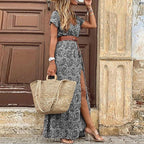 Sommer Bohemian Damen Maxikleid 2024 V-Ausschnitt Kurzarm Geblümt Strand Elegant Vintage Kleid mit Gürtel