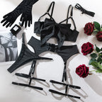 Sexy Dessous-Set mit Schleifenverzierung, durchbrochen, für Damen, einfarbig, exotische Bekleidung, weiblicher Stil, reine Begierde, Unterwäsche mit Strapsen und Handschuhen