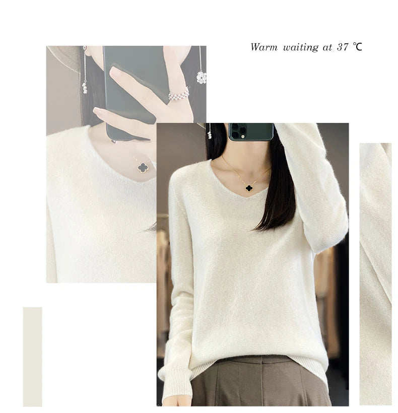 Damen 100% Merinowolle Pullover V-Ausschnitt Basic Pulli Herbst Winter Kaschmir Kleidung Langarm Weiche Strickware Oberteile Unifarben