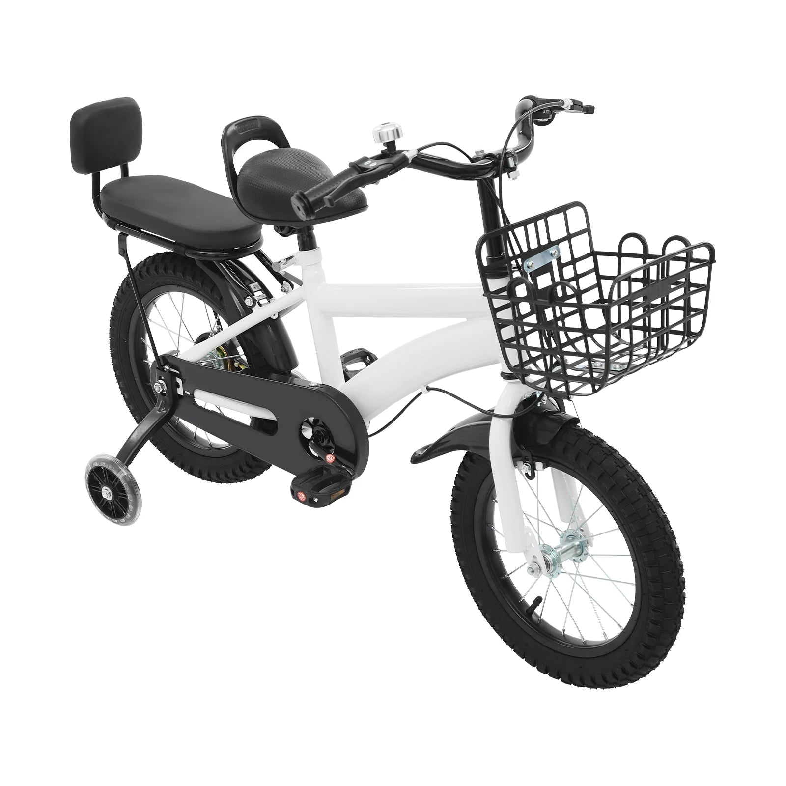 14" Kinderfahrrad Verstellbares Kinderfahrrad Belastbarkeit 60kg mit Stützrädern+Korb+Rückenlehne Rücksitz für 3-7 Jahre (Weiß/Schwarz)