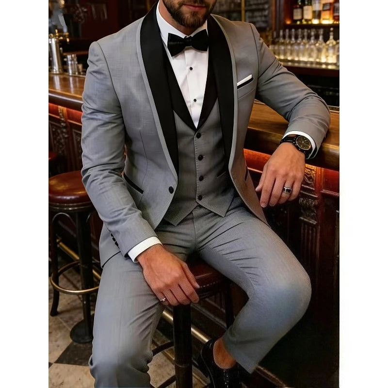 Herrenanzug-Set, dreiteilig, mit blauem Kragen, festliches Anzug-Set für Hochzeiten und Bälle mit angeschnittenem Kragen