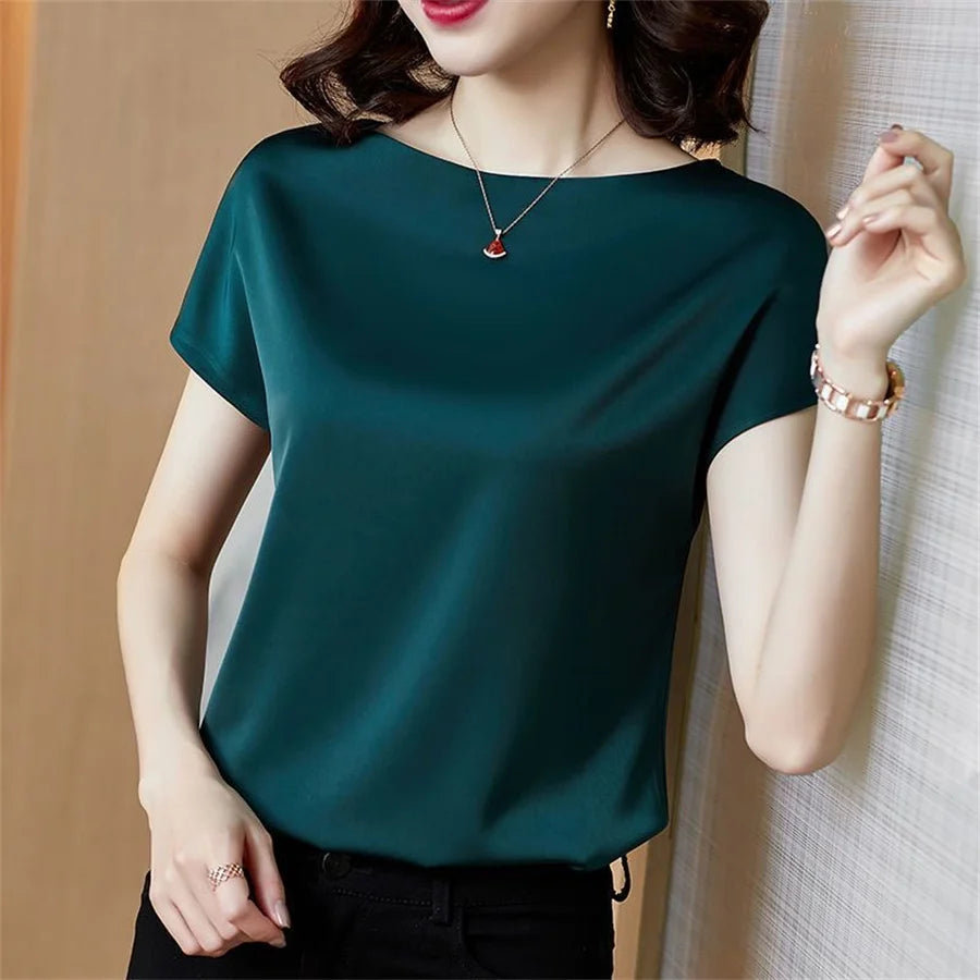 Office Lady Tops Sommer Kurzarm O-Ausschnitt Blusen Satinbluse Damenhemden Einfarbig Schlicht Leger Locker Hemd Blusen DF4904 Hauptbild