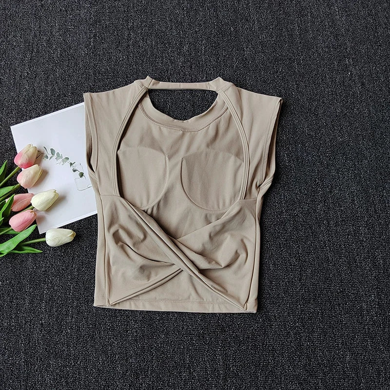 Damen Slim Fit Sport-Tanktop mit offenem Rücken, integrierten BH-Schalen, atmungsaktiv, für Pilates und Yoga