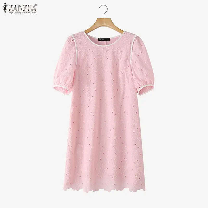 ZANZEA Sommerkleider für Damen, Lochstickerei, O-Ausschnitt, halbe Puffärmel, kontrastfarbene Borte, knielanges Kleid, lässige A-Linien-Roben