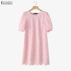 ZANZEA Sommerkleider für Damen, Lochstickerei, O-Ausschnitt, halbe Puffärmel, kontrastfarbene Borte, knielanges Kleid, lässige A-Linien-Roben