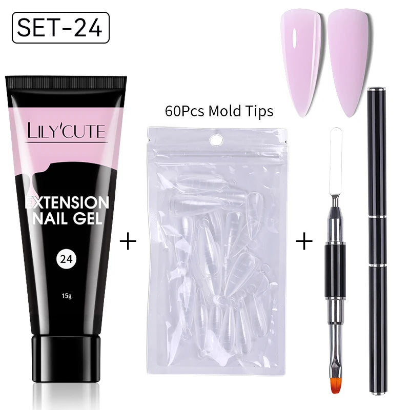 LILYCUTE 15ml Verlängerungsgel-Nagellack-Set Quick Nail Prolong mit Verlängerungsform-Nagelspitzen Acryl-Lösung Maniküre-Werkzeug-Kit
