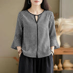 ZANZEA Damen Sommer Plaid Patchwork Bluse 3/4 Glockenärmel Cut Out Tops Lässiges lockeres Hemd Retro Chemise Damen Arbeitsblusen