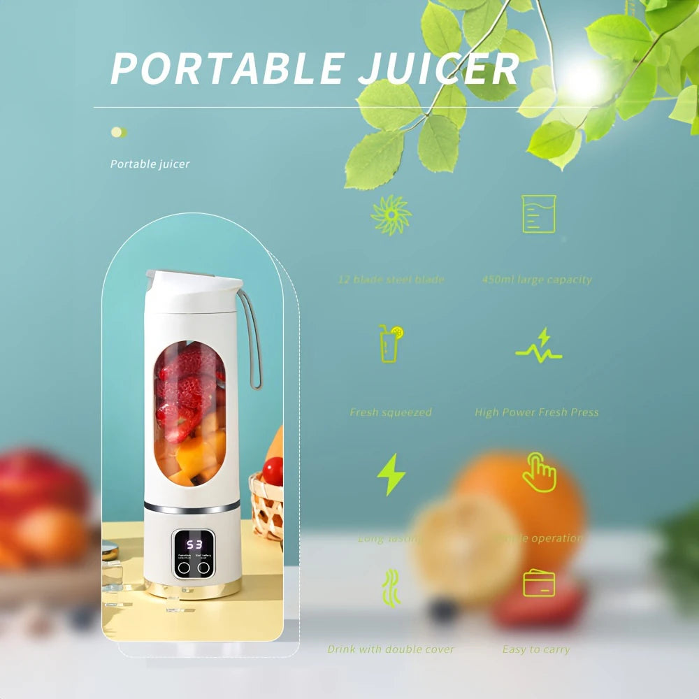 Tragbarer elektrischer Entsafter USB-Lade Mini-Akku-Entsafterflasche 450 ml Becher Obstmixer Handmixer für Zuhause, Reisen, Büro