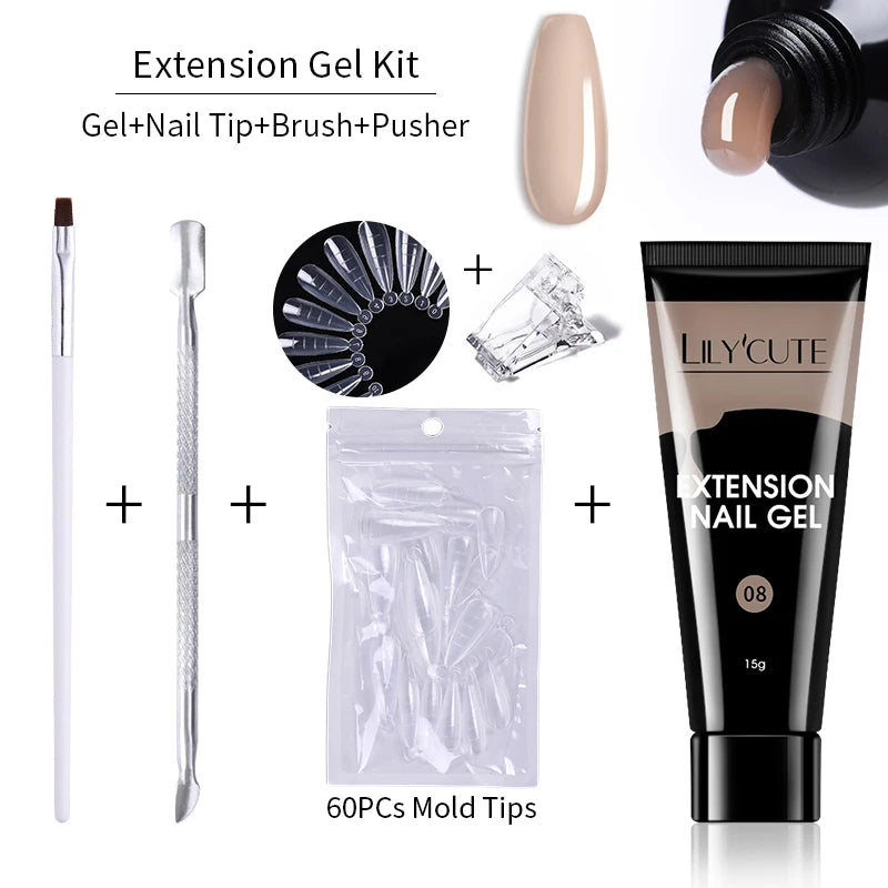 LILYCUTE 15ml Verlängerungsgel-Nagellack-Set Quick Nail Prolong mit Verlängerungsform-Nagelspitzen Acryl-Lösung Maniküre-Werkzeug-Kit