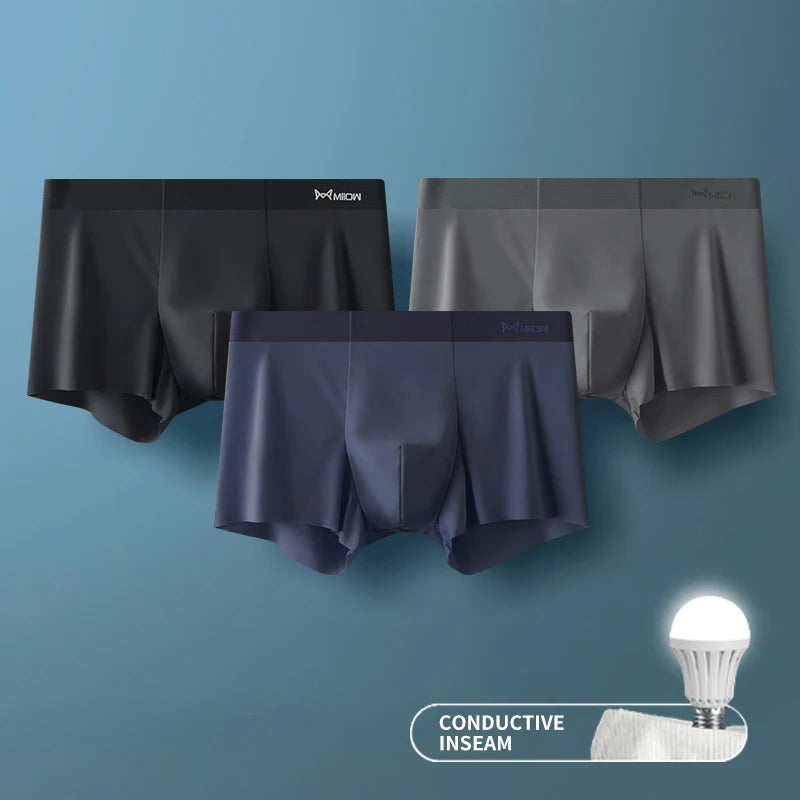 MIIOW 3er-Pack Ice Silk Herrenunterwäsche Boxer Metallfaser Antistatisch Herrenunterhosen Nahtloser Schnitt Saum Herren Slips Boxershorts Trunks