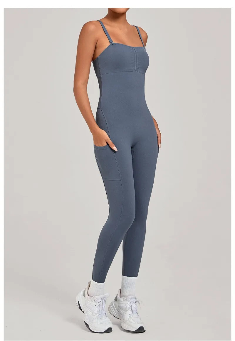 Damen Yoga Jumpsuits Sport Fitness Einteiler Schönheits-Rückengurt Tasche Hüfthebend Slim Fit Laufen Workout Training Bodysuit