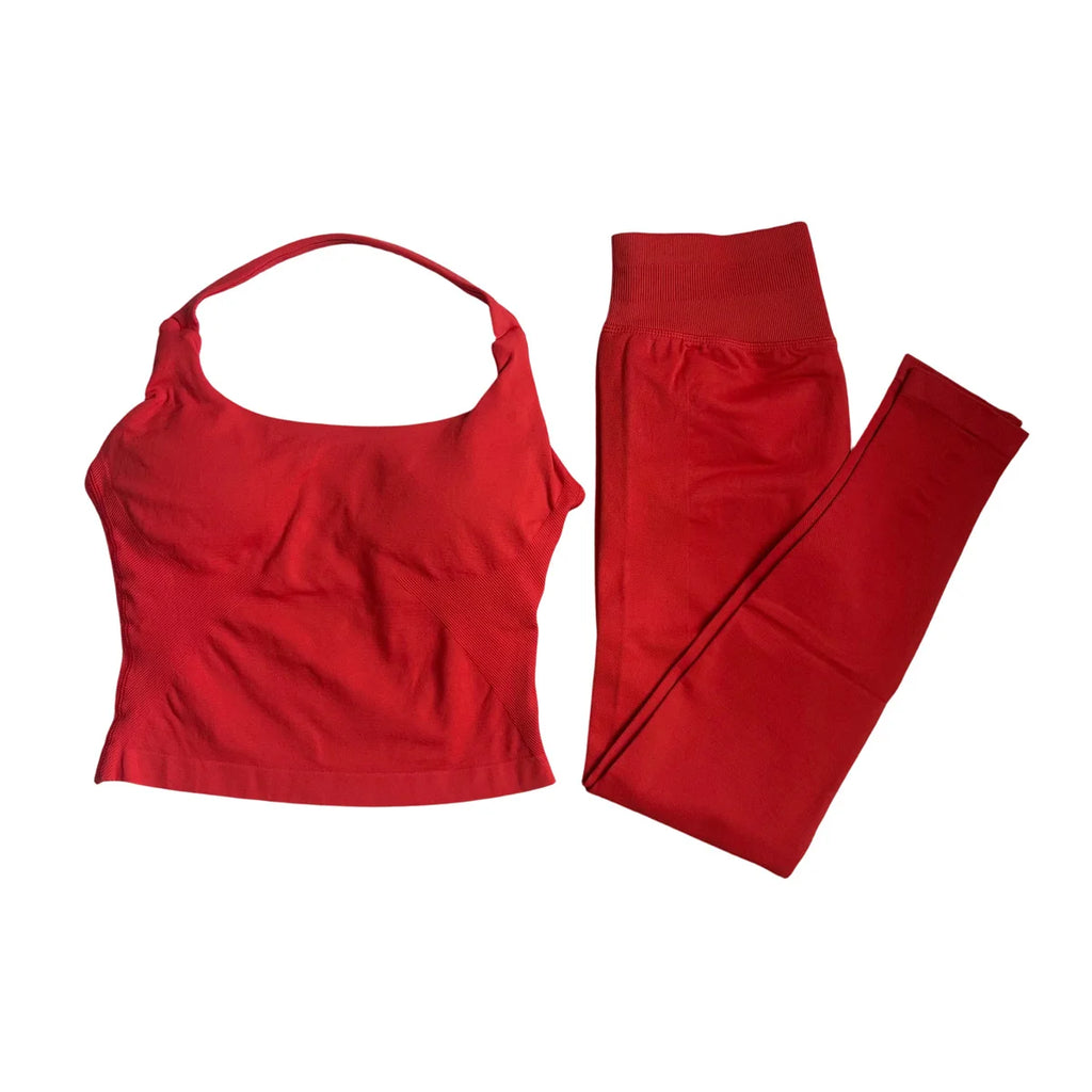 Halter Top Leggings 2-Piece Set Seamless Halterneck Backless Yoga Top+Scrunch Booty Leggings Fitness Gym 2pcs Set