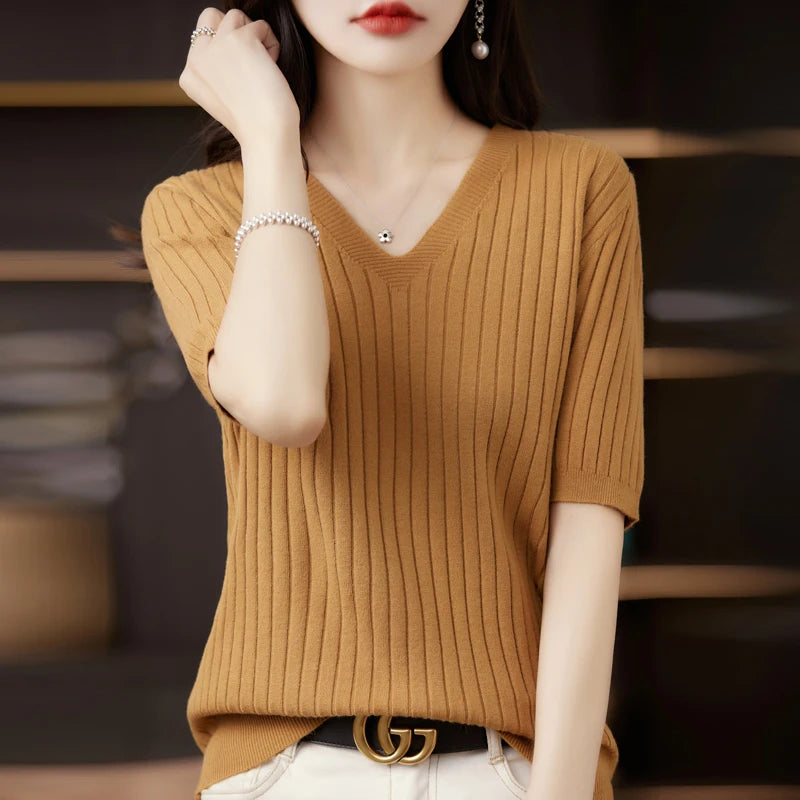 Damen Pullover Frühling Sommer Kurzarm V-Ausschnitt Strickshirt Lässige koreanische Pullover Gestreiftes Unterziehshirt Slim Fit Pullover