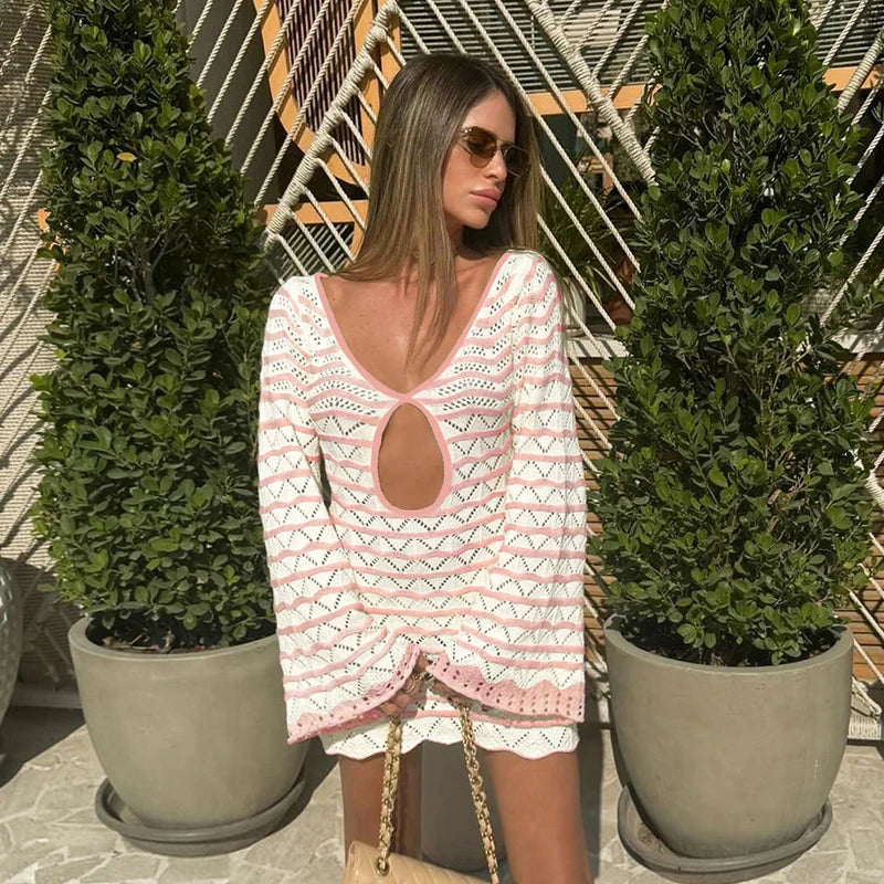Sexy Boho Striped Chic V-neck Cut Out Bell Sleeve Knit Beach Mini Dress 2026 Summer Women Seaside Holiday Swimsuit Cover Up K123