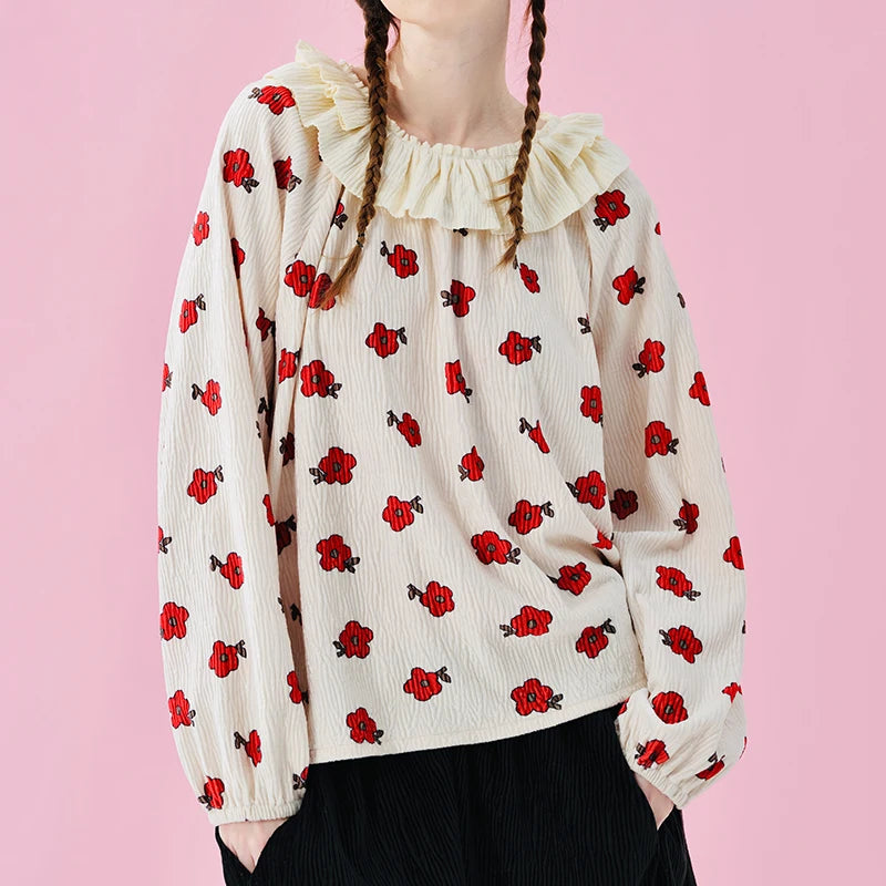 IMAKOKONI Original Design Collar Floral Long Sleeve Hoodie T-shirt for Summer Women 244968