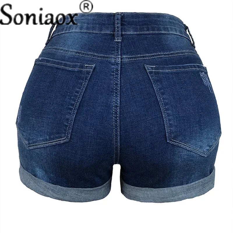 2024 Sommer neue Damen-Crimp-Knopfleiste Stretch Sexy Loch Jeans-Shorts High Waist Skinny Streetwear Trendige Ripped Denim-Shorts