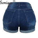 2024 Sommer neue Damen-Crimp-Knopfleiste Stretch Sexy Loch Jeans-Shorts High Waist Skinny Streetwear Trendige Ripped Denim-Shorts