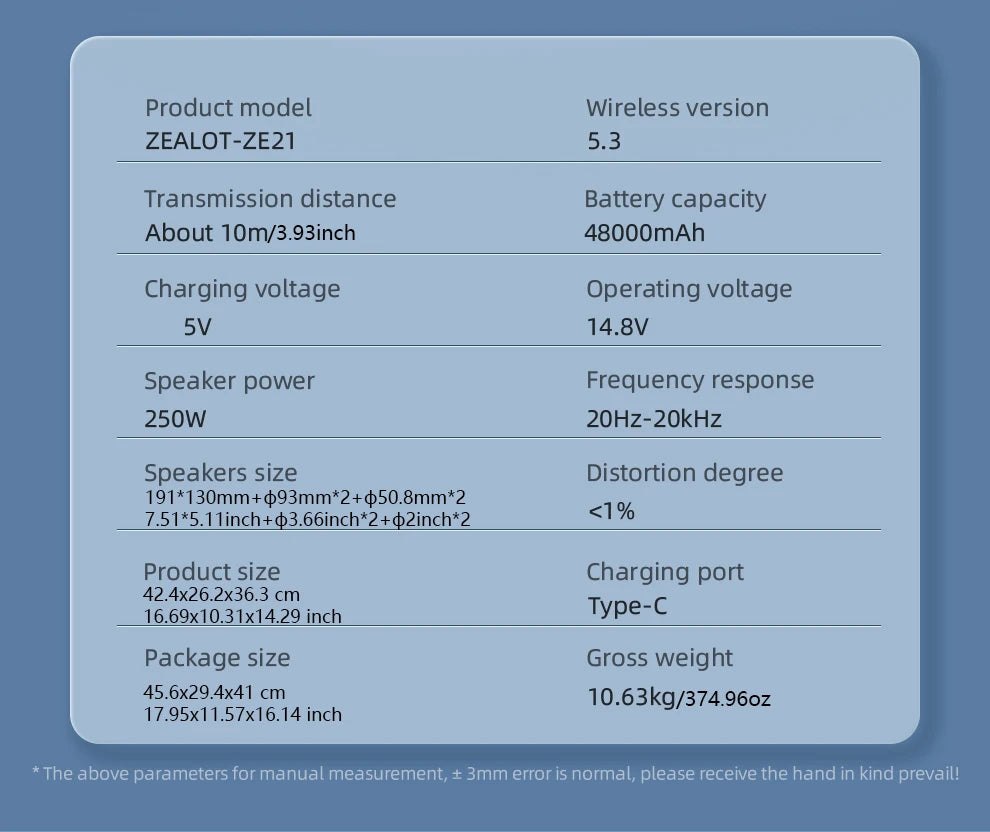 ZEALOT ZE21 250W kabelloser Lautsprecher, tragbar für Outdoor, 48000mAh lange Akkulaufzeit, mit RGB-Farblichtern, bis zu 18 Stunden Wiedergabezeit.