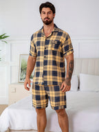 Herren Kurzarm-Pyjama-Set - 2-teiliges Set Kariert Lässige Sommer-Freizeitkleidung mit Tasche V-Ausschnitt Leichte und dünne Herren-Pyjamas