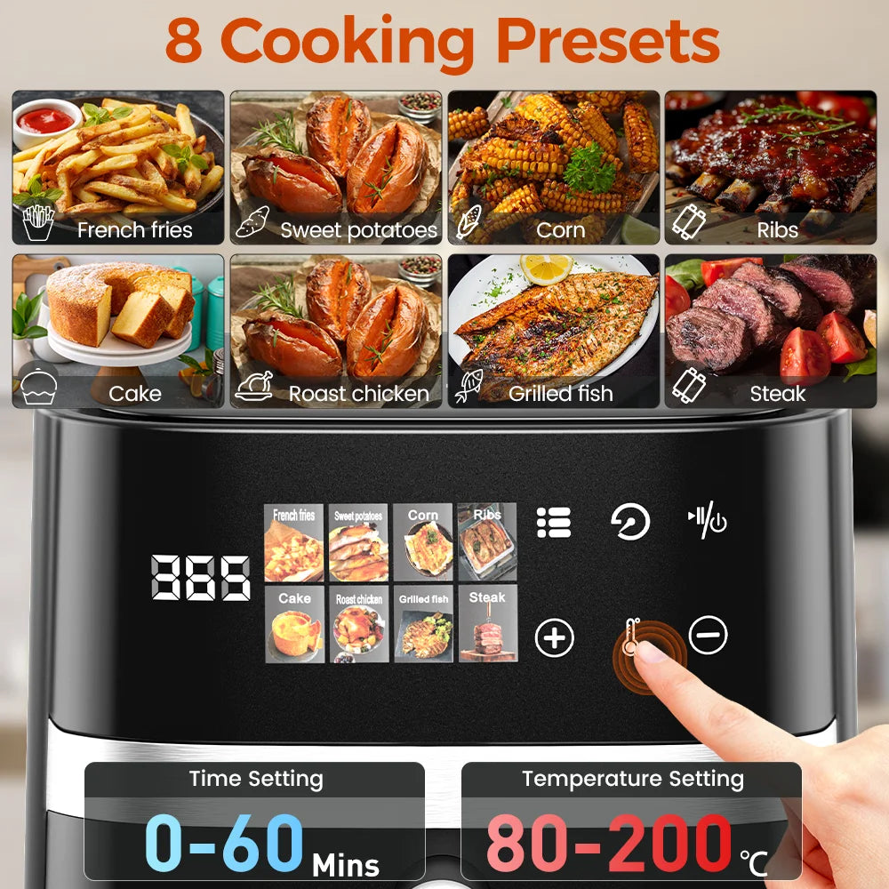 Patbrela 5.5L Heißluftfritteuse 8-in-1, max. 200°C, elektrische Heißluftofen, öllose Fritteuse mit Touch-Steuerung und Antihaftkorb und Sichtfenster