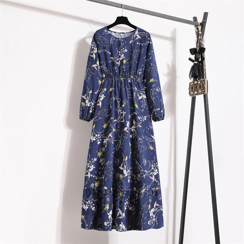 Frühling Sommer Damen Maxikleider Casual Langarm Geblümt O-Ausschnitt Damen Boho Strandparty Langes Kleid Mujer Vestidos