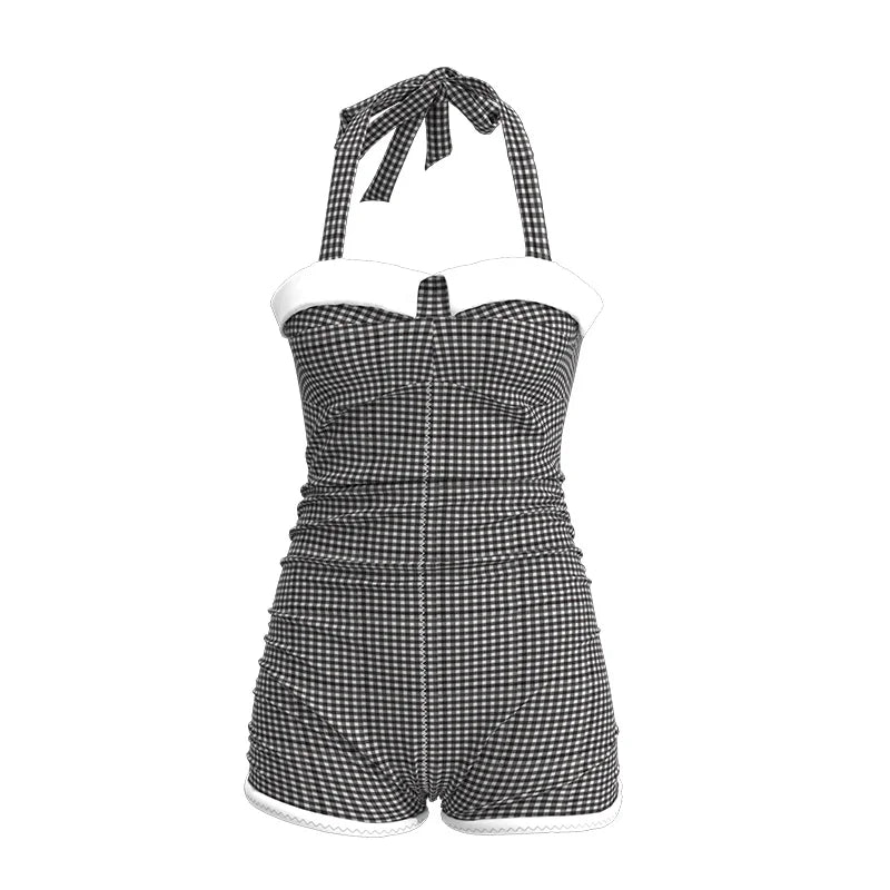 USPOP Vintage Gingham Einteiler Badeanzug für Damen, Retro Neckholder Badeanzug, bequeme Sommer-Bademode