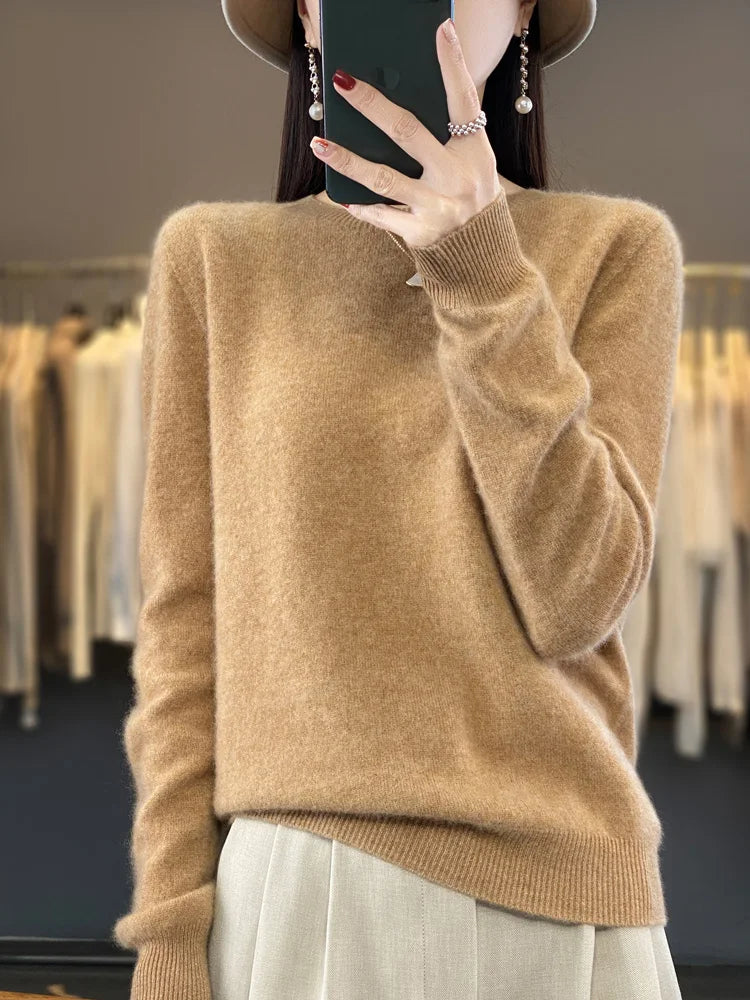 100 % Merinowolle Pullover Damen O-Ausschnitt Kaschmir Strickwaren Female Pullover Herbst Winter Freizeit Oberteile Einfarbig Weiche Kleidung