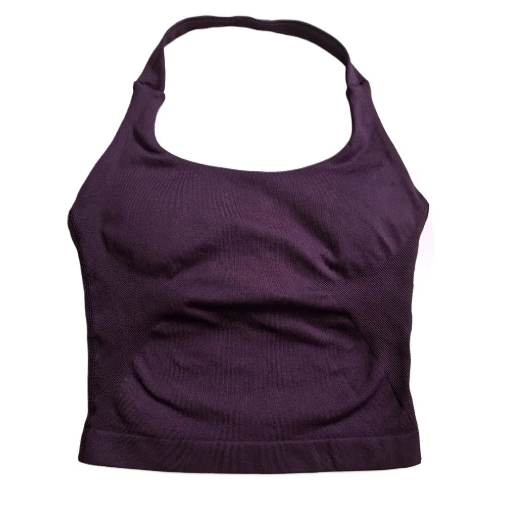Gym Top Women Clothes Strappy Workout Tank Top Padded Sports Bra Backless Yoga Shirts Seamless Gym Crop Top Halter Fitness Vest