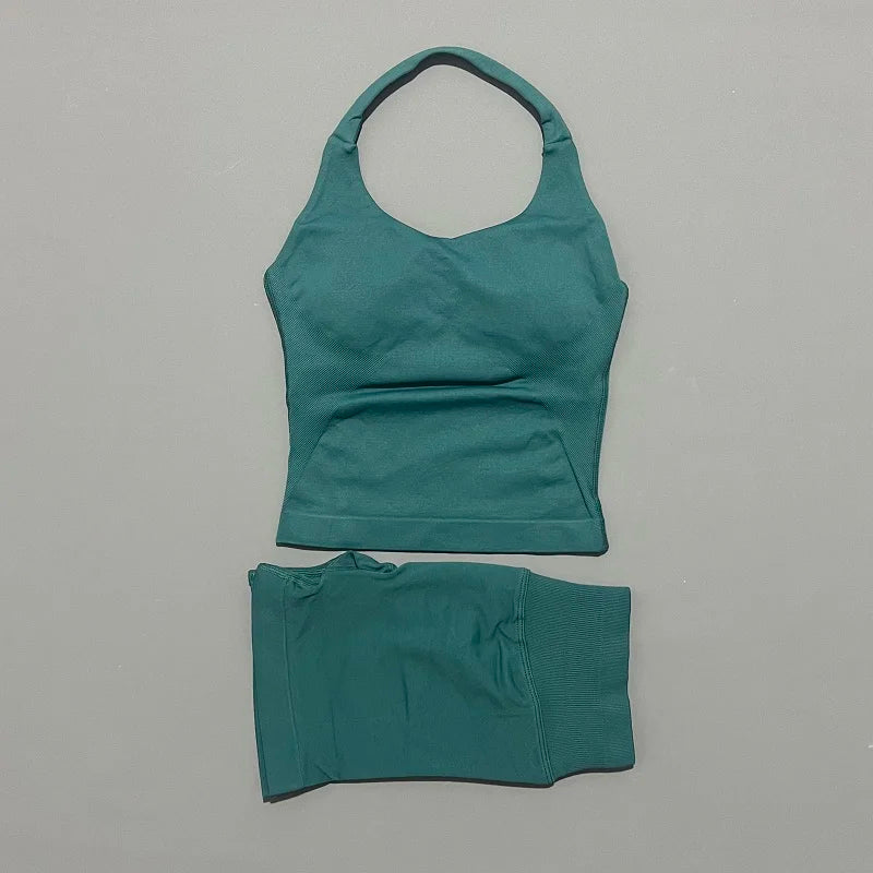 2-teiliges Sportset Damen Rückenloses Tanktop Hohe Taille Scrunch Nahtlose Shorts Fitnesskleidung Activewear Trainingssets Gym Anzug