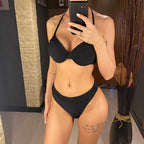 Gerüschter Neckholder Bügel-Bikini Damen Bademode Weiblicher Badeanzug Zweiteiliges Bikini-Set Mid Waist Badeanzug Schwimmen V5440