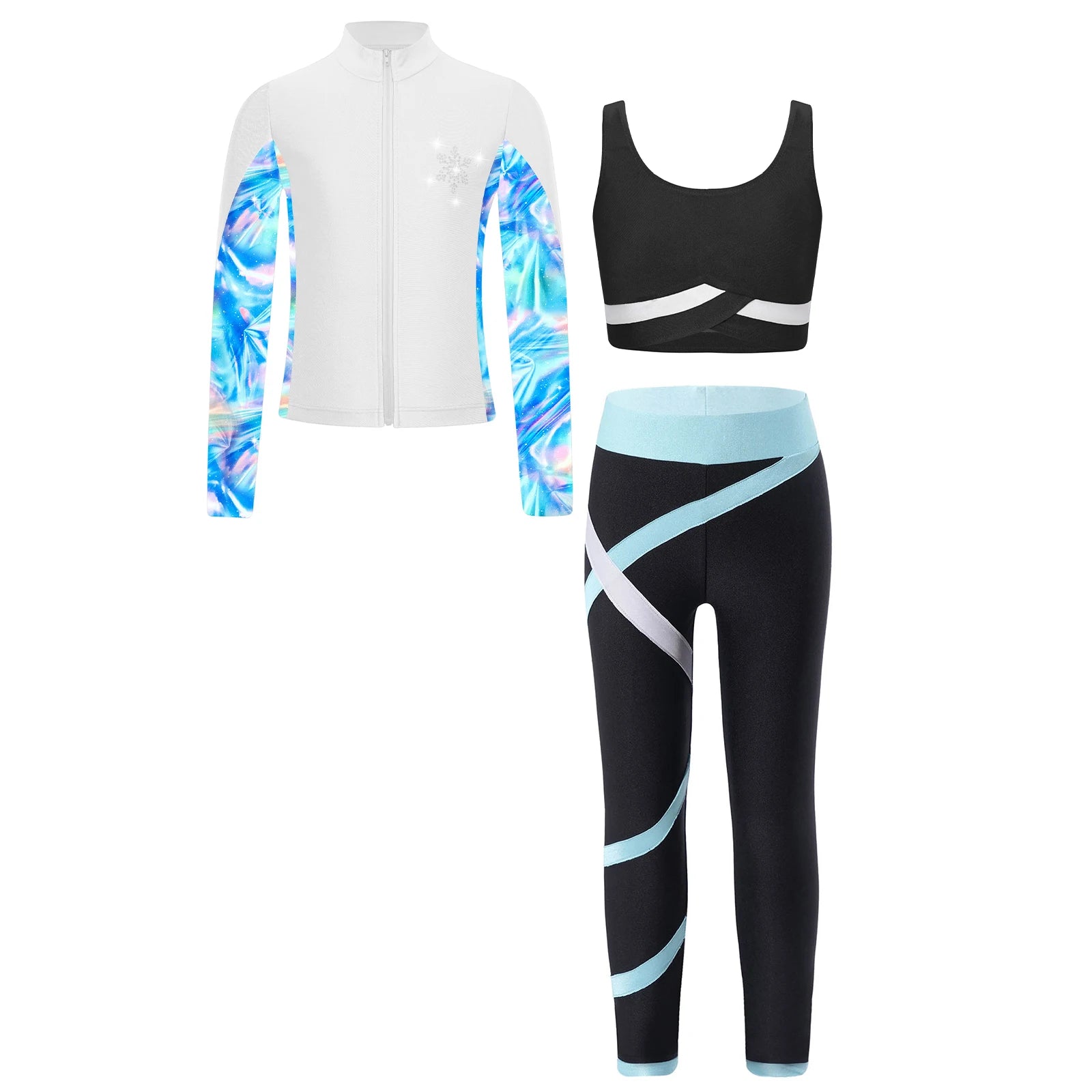 3Pcs Kids Girls Skating Athletic Fitness Workout Tracksuit Sleeveless Vest Top +Pants with Long Sleeve Zipper Sweatshirt Gym Set