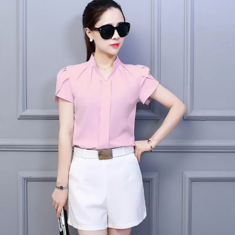 Damen Casual Chiffon Hemd Sommer Kurzarm Elegante Bluse Damen Formelle Büro Chiffon Tops Einfarbig Locker geschnittene Oberteile Hauptbild