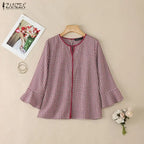 ZANZEA Damen Sommer Plaid Patchwork Bluse 3/4 Glockenärmel Cut Out Tops Lässiges lockeres Hemd Retro Chemise Damen Arbeitsblusen