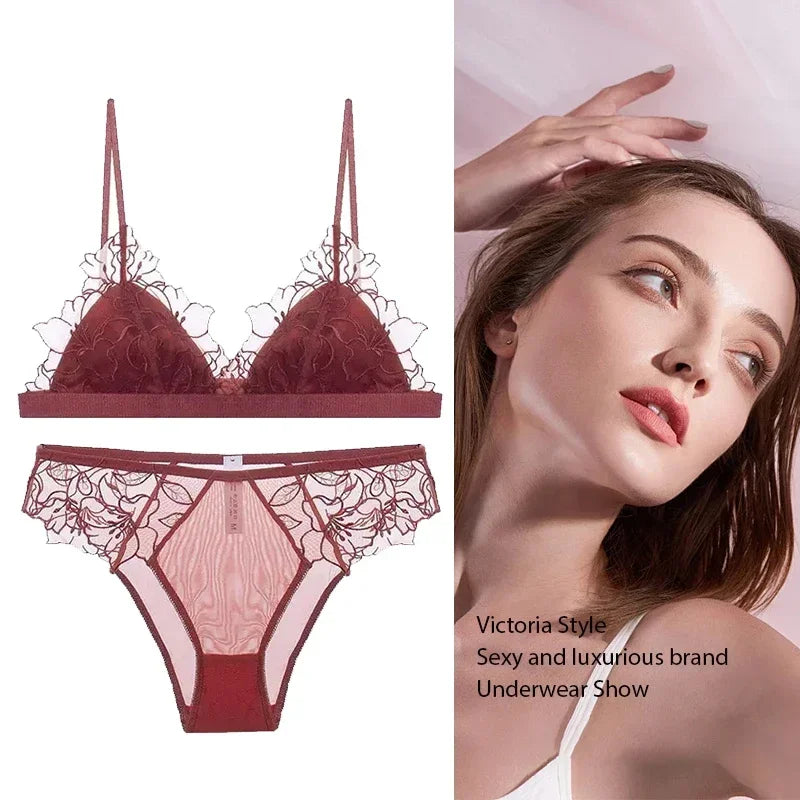 BANERDANNI Pure Desire Victoria Französische Spitzenbestickte Dessous Frauen dünne Cups Triangel-BH Set Bequem ohne Bügel