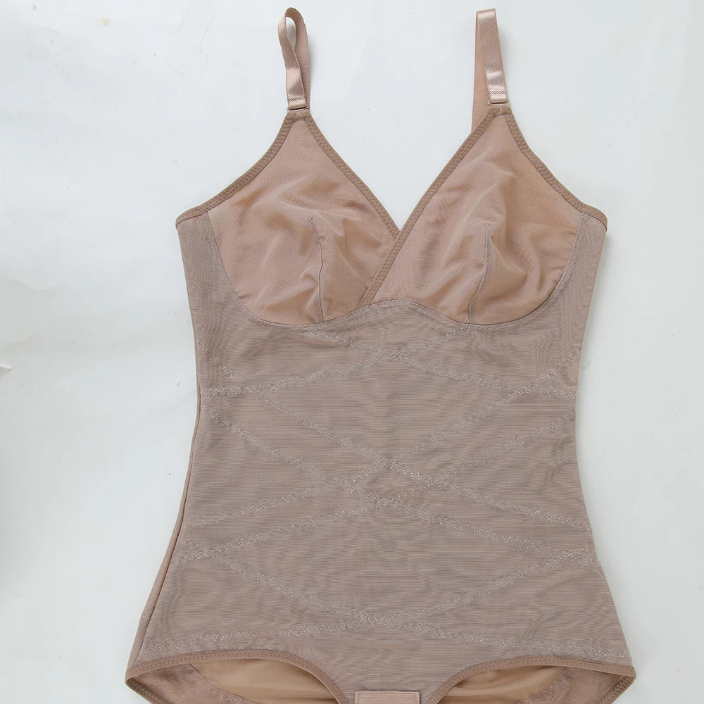 Cross Waist Tummy Control Body Shaping Bodysuit für Damen Ganzkörperkontrolle V-Ausschnitt Mesh Atmungsaktiver Slip Unterwäsche Po-Former