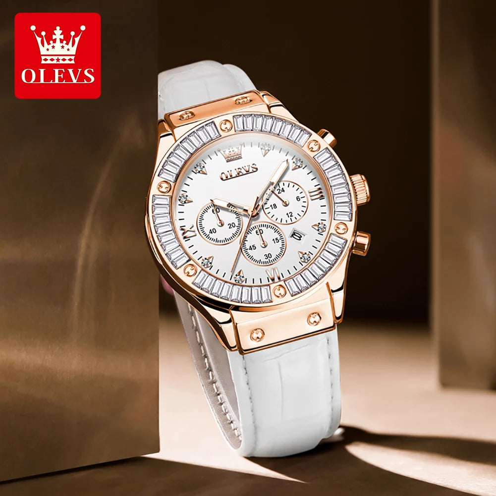 OLEVS 9978 Damenuhr, multifunktionale Quarzuhr, wasserdicht, leuchtendes Lederarmband, elegante modische Uhren für Damen, Geschenke