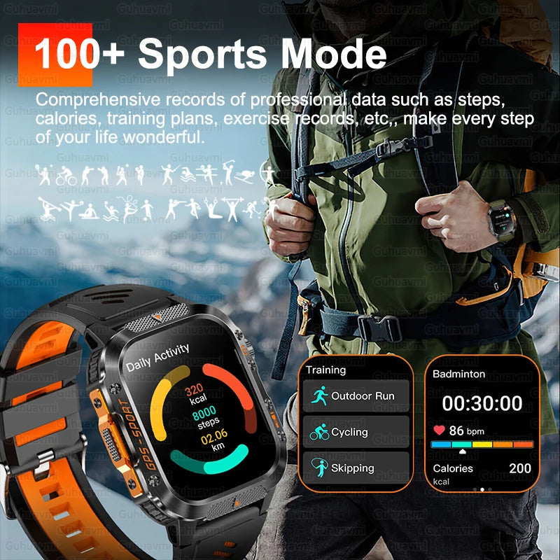 2025Neue GPS Smartwatch für Xiaomi IOS Militärkompass Taschenlampe Smartwatch Herren 10ATM Wasserdicht 100+Sportmodi BT Anruf Uhr