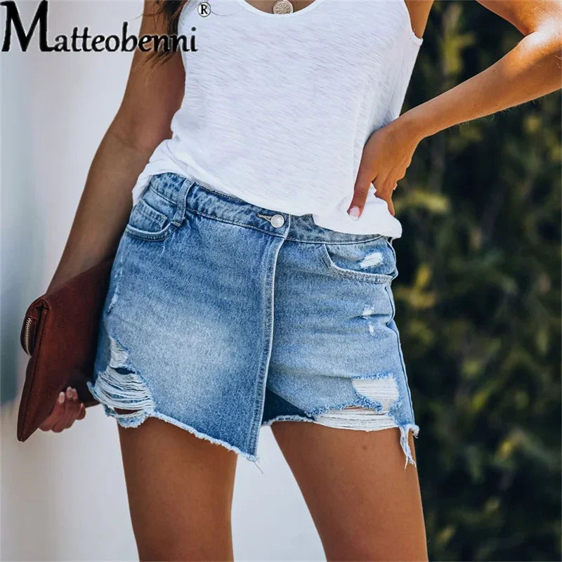 2024 Sommer neue Damen Ripped Repaired Denim Shorts Hohe Taille Bodycon Distressed Hole Bottoms Lässige Taschen Sexy Kurze Jeans