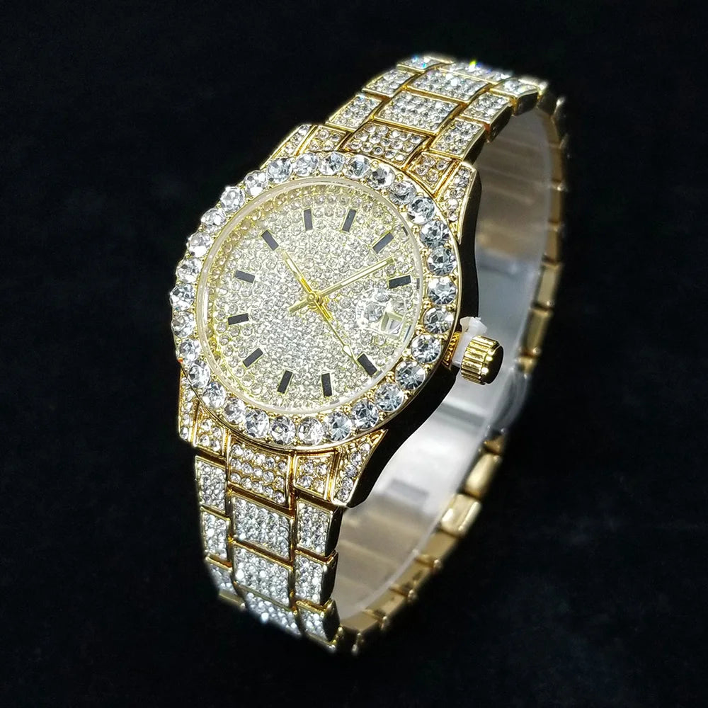 Elegante Diamantenuhren Damen Mode Silber Rund Edelstahl Quarzuhr Iced Out Glänzend Wasserdichte Uhr Geschenk für Frauen