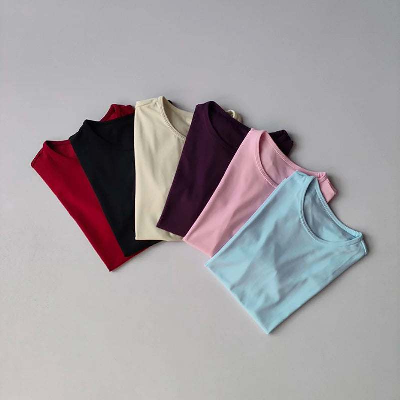 Hautenge, einfarbige Yoga-Kleidung für Damen: Schnelltrocknendes, elastisches, eng anliegendes T-Shirt, Fitness-Oberteil