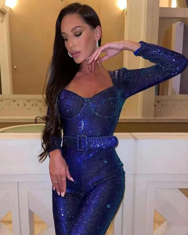 Damen-Jumpsuits Pailletten Einteiler Bodenlang Hosen-Overalls Lange Ärmel Bodycon Party-Nacht-Strampler Spleiß Hohe Taille Gürtel