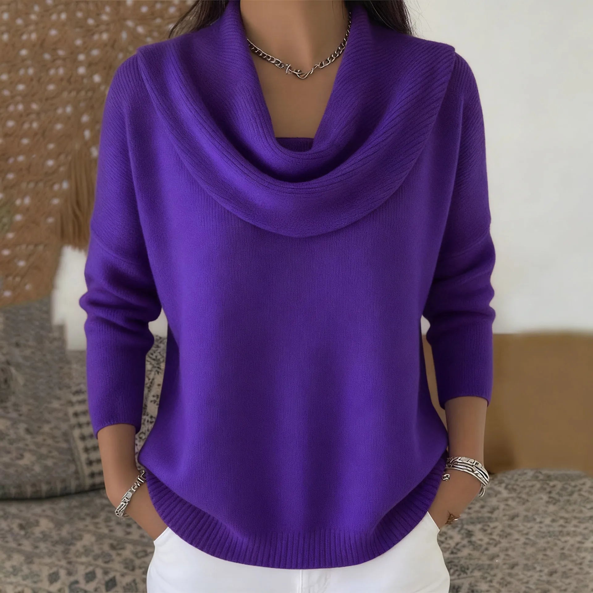 Damenpullover mit drapiertem Ausschnitt, schlichtes & elegantes Rundhals-Strickoberteil, geeignet für Frühling, Herbst und Winter