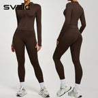 SVEIC Damen Zweiteiliger Trainingsanzug Yoga Set Langarmjacke High Waisted Leggings Atmungsaktive Sportkleidung Für Frauen