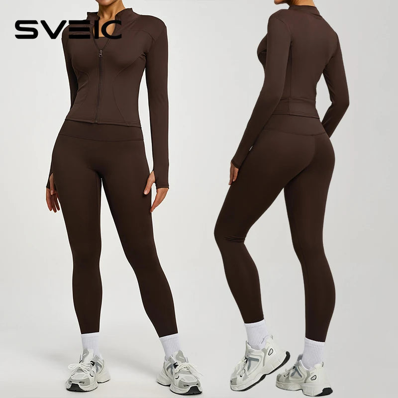 SVEIC Damen Zweiteiliger Trainingsanzug Yoga Set Langarmjacke High Waisted Leggings Atmungsaktive Sportkleidung Für Frauen