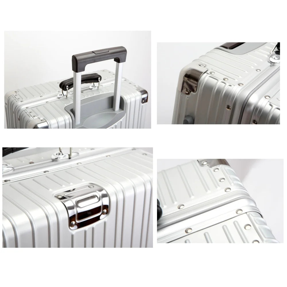 Hochwertiger Vintage-Koffer aus Aluminium-Magnesium-Legierung, 20/24/26/29 Zoll leichter Reise-Trolley mit Ledergriff