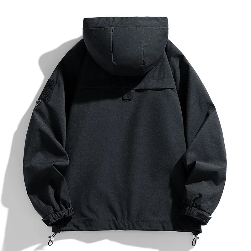 Windbreaker Herren Kapuzenjacke Reißverschluss Mantel Cargo Wasserdicht Schwarz Bomber Camping Loose Dünn Softshell Kapuzen-Wanderjacke