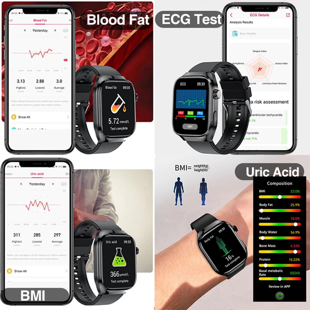 2026 Neue Pflegegrad-Harnsäure-Blutfettwerte Smartwatch Herren EKG+PPG Blutdruck Herzfrequenz Bluetooth Anruf Gesundheits-Smartwatch