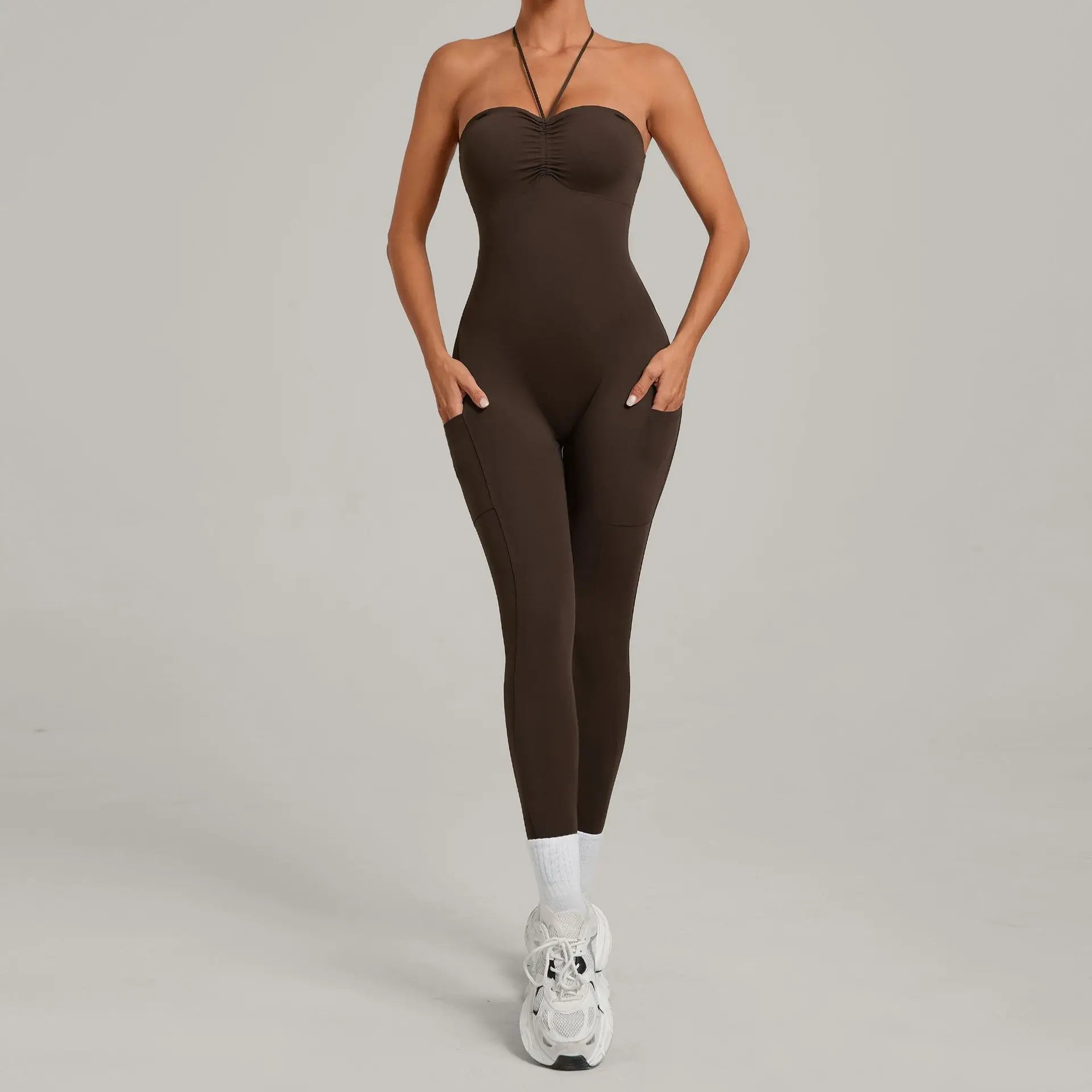 Damen Yoga Jumpsuits Sport Fitness Einteiler Schönheits-Rückengurt Tasche Hüfthebend Slim Fit Laufen Workout Training Bodysuit
