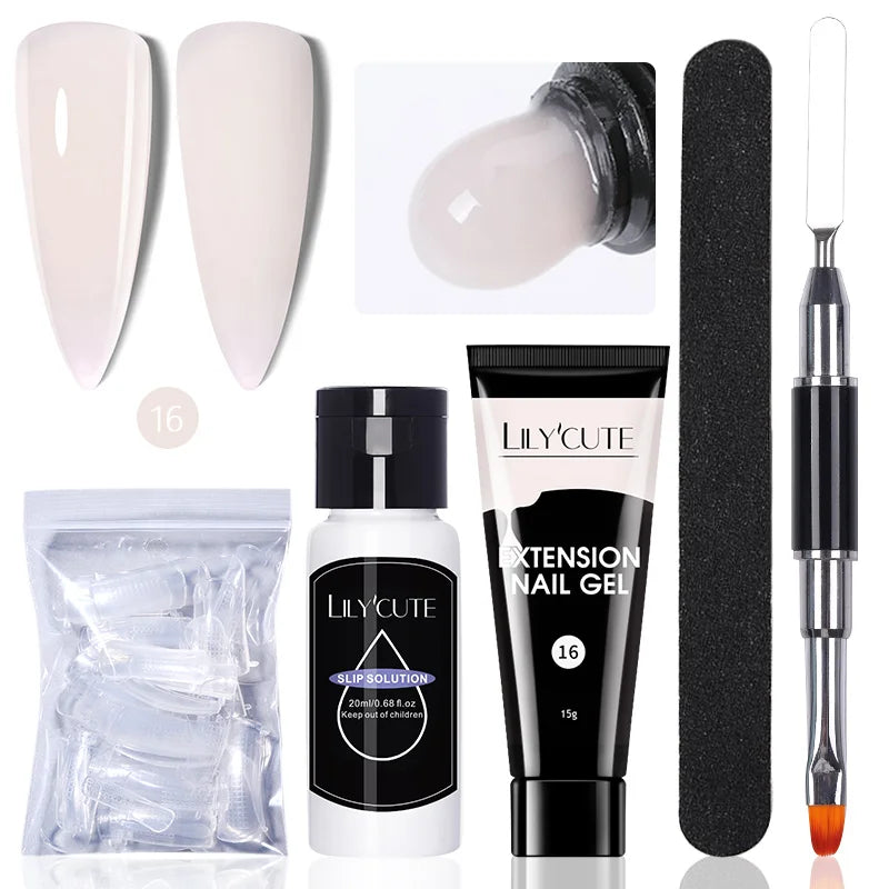 LILYCUTE 15ml Verlängerungsgel-Nagellack-Set Quick Nail Prolong mit Verlängerungsform-Nagelspitzen Acryl-Lösung Maniküre-Werkzeug-Kit